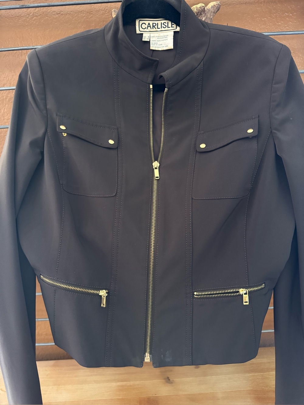 Carlisle Brown Zip-Front Jacket with gold accents size 8